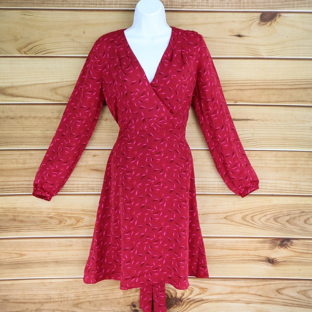 Adrianna Papell Long Sleeve Dress Womens Size 2 Red Floral Back Waist Tie Lined